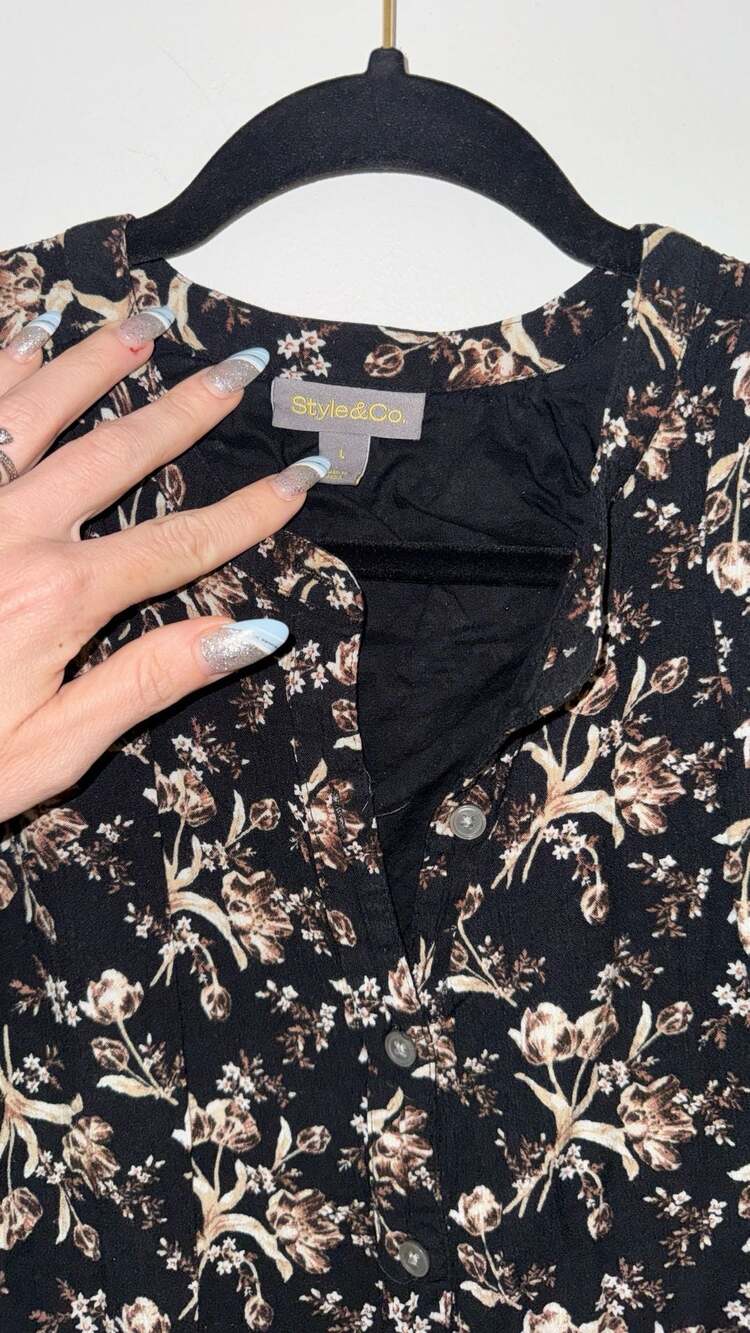 Style & Co. Black Floral Button-Down Midi Dress Size L